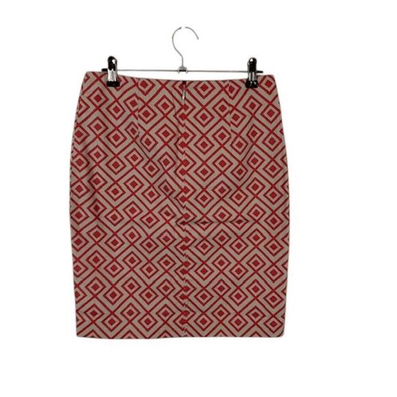 Ann Taylor Petite Pencil Skirt Stretch Back Zipper Geometric Cream Coral Size 00 - Picture 2 of 10